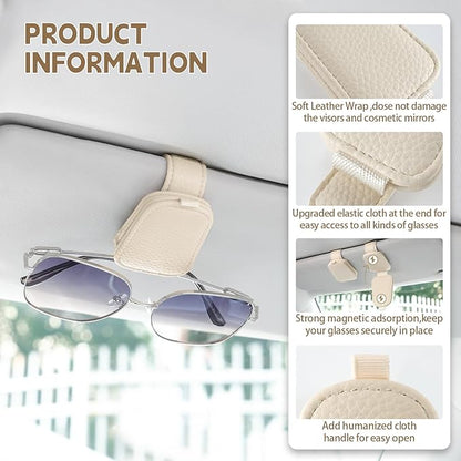 JUSTTOP 1Pack Sunglass Holder for Car, Magnetic Leather Buckle Sun Visor Sunglass Clip, Ticket Card Clip Sunglasses Mount, Car Interior Accessories for Men and Women (Beige)