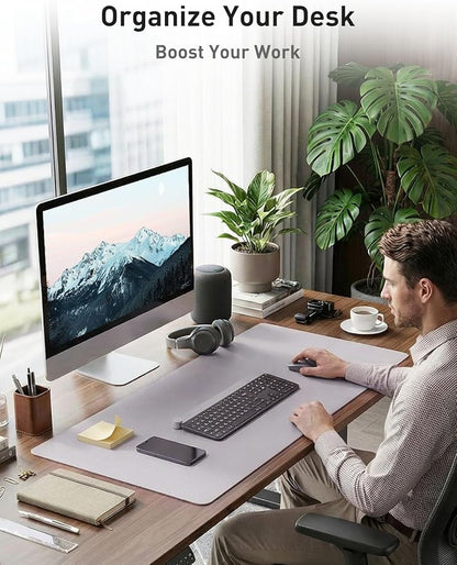 Aothia Faux Leather Desk Mat - Non-Slip PU Leather Desk Blotter, Waterproof Writing Surface, Large Desk Pad for Office & Home (Smoky Lavender, 55" x 17")