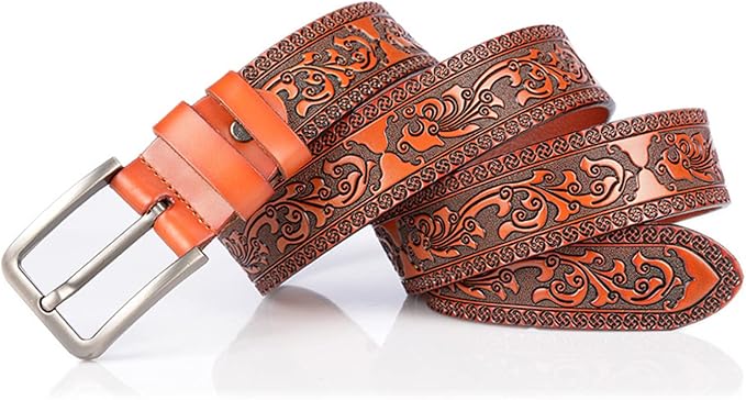 Men's Casual Genuine Leather Jeans Belts Vintage Leather Engraved Strap with Single Prong Buckle