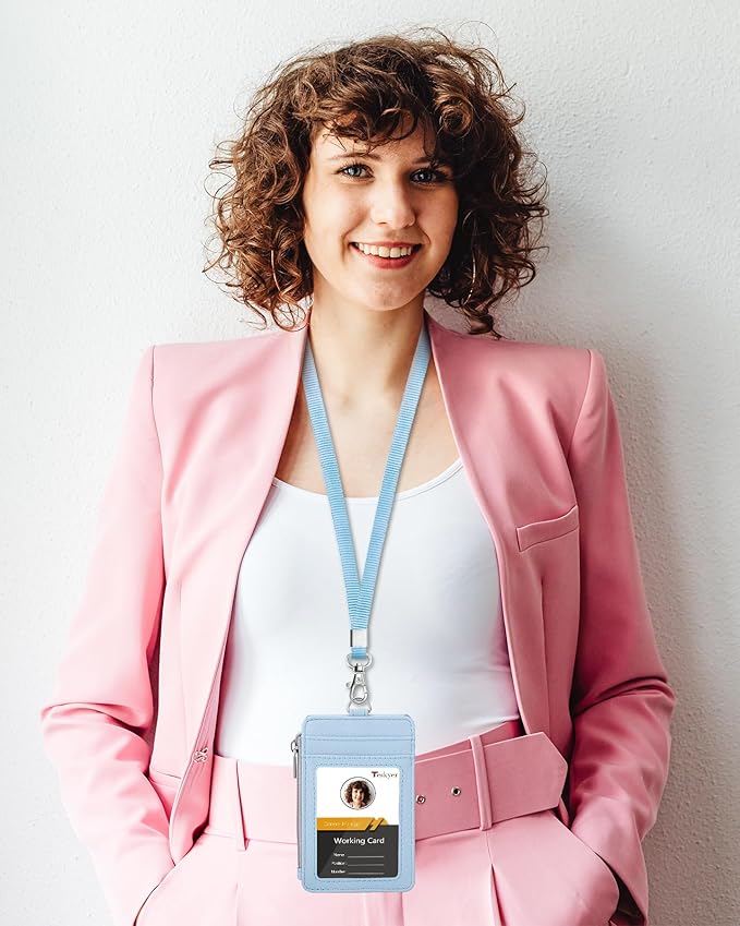 Teskyer Badge Holder with Side Zip Pocket, Multiple Card Slots Leather ID Holder Wallet with Neck Lanyard for Office Staffs, Teachers/Students, Workers, Cruise Cards, Bus/Metro Cards, Lichee Cyan