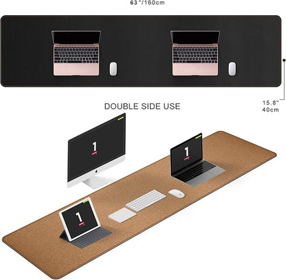 MAIDERN 63”x 15.7” Leather Desk Pad XXL, Large Desk Mat, Cork & Leather Large Mouse pad for Desk, Waterproof Computer Desk Pad for Gaming Home Office (Black) …