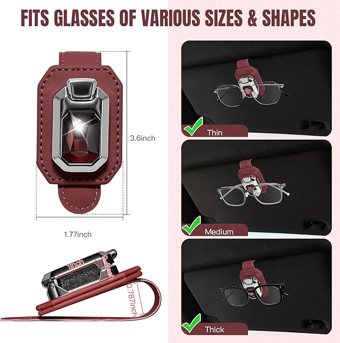 2PCS Sunglass Holder for Car Visor, Faux Leather Eyeglass Holder Clip for Car Sun Visor Organizer, Universal One Handed Operation Sun Glass Hanger, Car Interior Accessories for Women Man