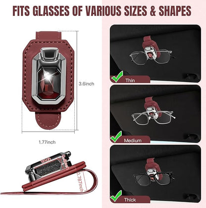 2PCS Sunglass Holder for Car Visor, Faux Leather Eyeglass Holder Clip for Car Sun Visor Organizer, Universal One Handed Operation Sun Glass Hanger, Car Interior Accessories for Women Man