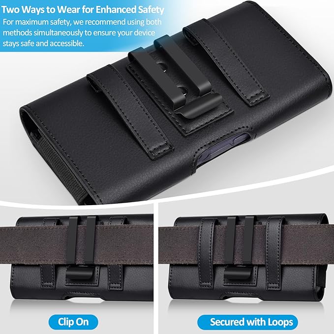 ACCKUO Leather Phone Holster with Strong Metal Belt Clip and Card Holder Compatible with iPhone 17 Pro Max, Samsung Galaxy S26/S25/S24/S23/S22/S21 Ultra A17 A16 for Everyday Protection, XL-Black