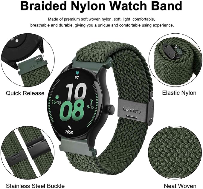 WOCCI 20mm Braided Nylon Watch Band for Men and Women, Quick Release, Black Stainless Steel Buckle (Khaki Green)