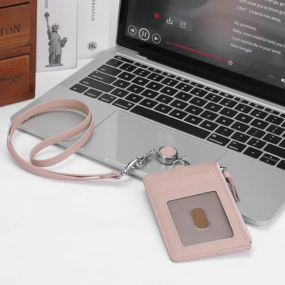 SENDEFN Retractable Badge Holder Wallet, Genuine Leather ID Card Holder with Removable Neck Lanyard Clasp, Five Card Slots, for Office Staff Women