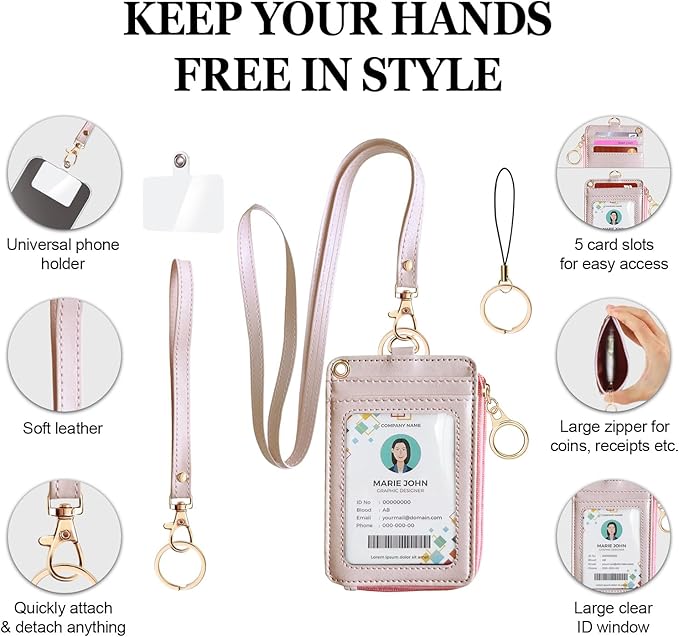 Bolimoss 2-in-1 ID Badge Holder & Lanyard Wallet, Credit Card Holders with Breakaway Wristlet & Neck Lanyard, Leather ID Name Badge 5 Card Slots Zipper Purses for Offices, School, Driver Licence