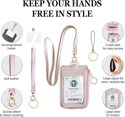 Bolimoss 2-in-1 ID Badge Holder & Lanyard Wallet, Credit Card Holders with Breakaway Wristlet & Neck Lanyard, Leather ID Name Badge 5 Card Slots Zipper Purses for Offices, School, Driver Licence
