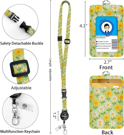 bolimoss Daisy Breakaway Lanyards for Id Badges, Cute Flower Leather Badge Holder with Retractable Adjustable Lanyard ID Name Badge Card Holder with Safety Quick Release Buckles for Women Teacher