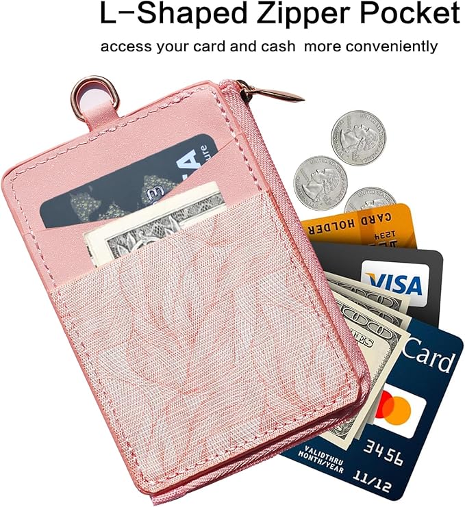 2-in-1 ID Badge Holder & Elastic Card Holder Wallet,Minimalist Men & Women Zip Card Holder Wallet with Neck Lanyard,3 Card Slots and 1 Side Zipper Pocket (Pink-B2)