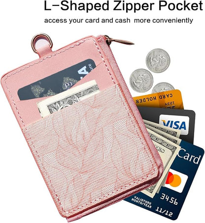 2-in-1 ID Badge Holder & Elastic Card Holder Wallet,Minimalist Men & Women Zip Card Holder Wallet with Neck Lanyard,3 Card Slots and 1 Side Zipper Pocket (Pink-B2)