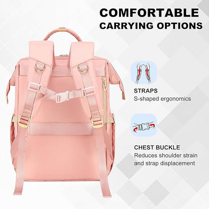 Lunch Backpack, 15.6 inch Laptop Backpack with Insulated Lunch Bag, Backpack Cooler for Women, Large Travel Backpack Lunch Box Compartment, Work Computer Backpack, Teacher College Book Bag, Pink