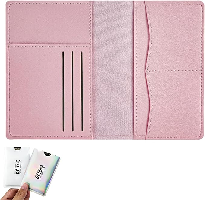 Handmade Travel Wallet for Men & Women - Dual Passport Holder, Ultra-Slim Leather Document Organizer (Black/Pink) (Pink)