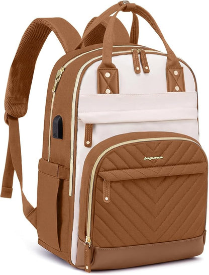 Laptop Backpack for Women Work Bookbag: 15.6 Inch College Backpacks with USB Charger School Book Bag Waterproof Travel Computer Back Pack Anti-Theft Casual Bookbags for Girls Teacher Nurse Beige Brown