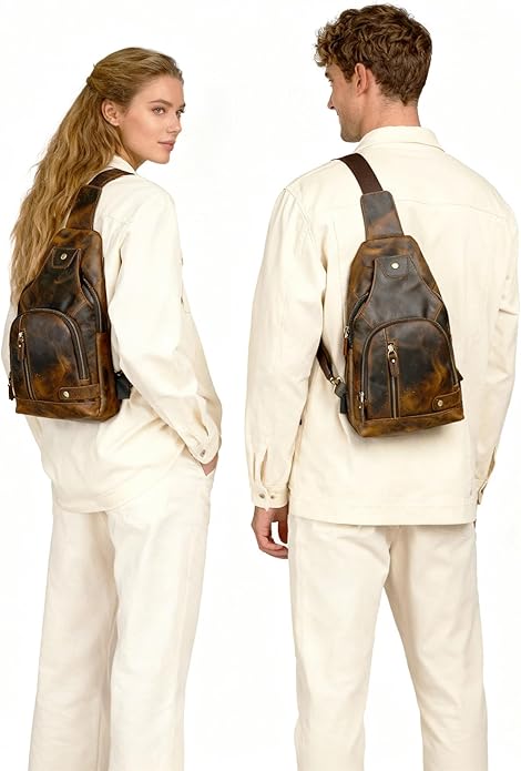 Thick Crazy horse Leather Triangle Crossbody Sling Chest Bag Travel One Shoulder Bag Daypack For Men Male 3028