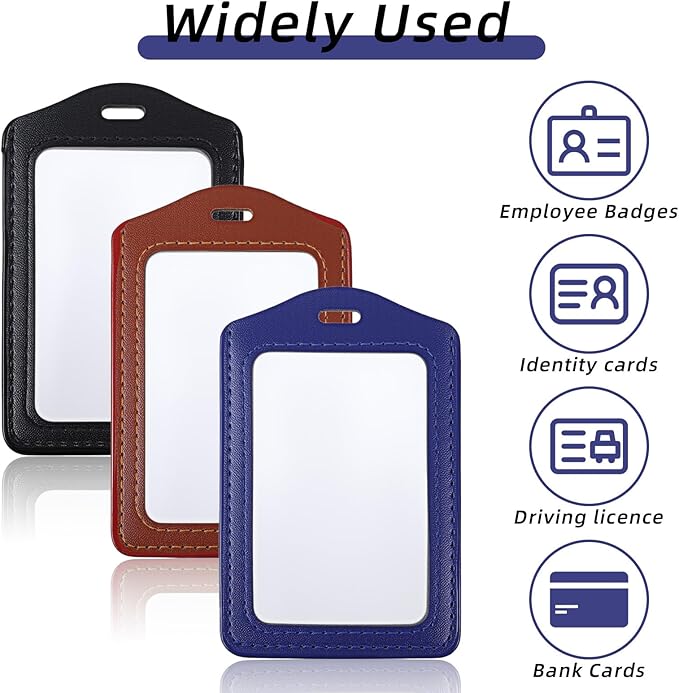 3 Pcs Leather ID Badge Holder, Vertical ID Card Holders Double-Side Clear Card Holder Waterproof Name Badge Holders for Office Staff Employees Doctors (Black, Blue, Coffee)