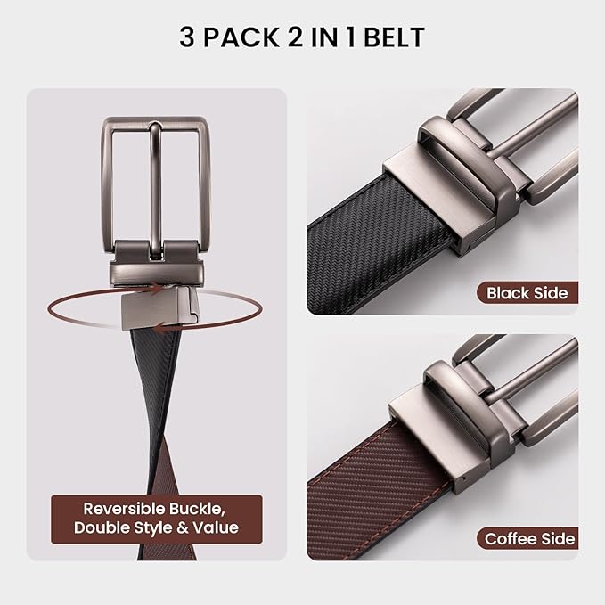 LMUGOOS 3 Pack Mens Belt Reversible Genuine Leather Belts - Adjustable & Cuttable 1.2" for Dress, Business, Casual & Jeans