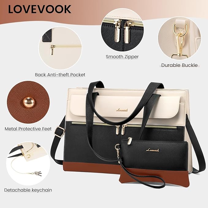 LOVEVOOK Laptop Bag for Women 17.3 Inch Laptop Tote Work Bags Professional Leather Computer Briefcase Waterproof Handbag Shoulder Large Capacity Business Teacher Office Crossbody Purse