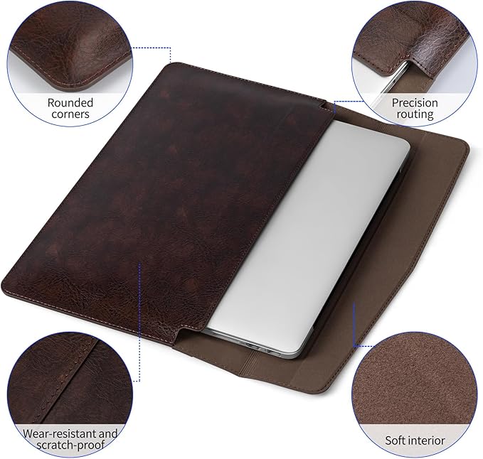 16 inch Genuine Leather Laptop Sleeve for MacBook Pro 16 Inch M4 M3 M2 M1 Pro/Max＆MacBook Air 15 Inch M4 M3 M2 Case,Premium Protective Case Cover with Magnetic Closure-Vintage Dark Brown