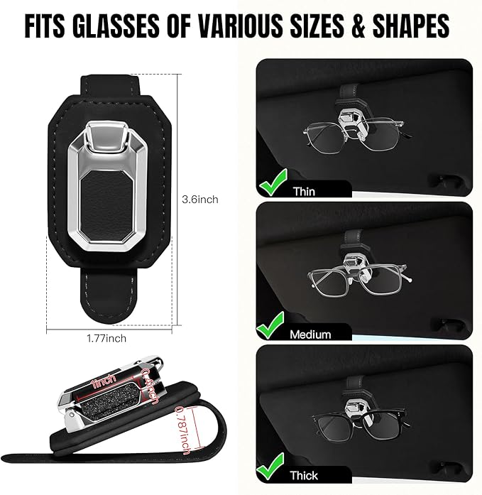 2PCS Sunglass Holder for Car Visor, Faux Leather Eyeglass Holder Clip for Car Sun Visor Organizer, Universal One Handed Operation Sun Glass Hanger, Car Interior Accessories for Women Man