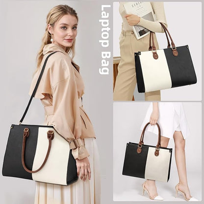 LOVEVOOK Laptop Tote Bag for Women, 15.6 Inch Large Capacity Vintage Leather Work Computer Bag, Business Casual Shoulder Handbag, Black & White & Brown