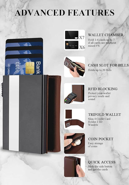 Pop Up Wallet for Men, Leather & Aluminum-Trifold Wallet for Men, Holds 12 Cards,20 Bills,Coins, ID Window, Functional & Minimalist Wallet, RFID Wallet for Men, Brown