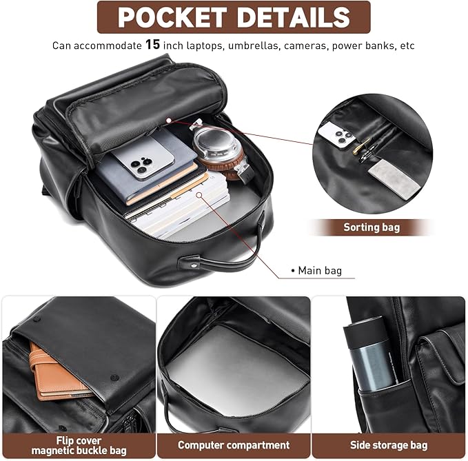 Leather Backpack For Men Fit 15" Laptop Waterproof Vintage Black Work Travel Flip Design Small Pu Backpack For Men Women Casual