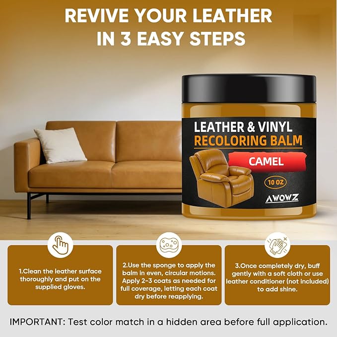 Leather Recoloring Balm - Scratch Repair & Color Restore Kit for Faded Leather, Leather Couch & Car Seats - 10OZ Leather Restorer Balm for Furniture, Auto Interior, Vinyl, Accessories (Camel)