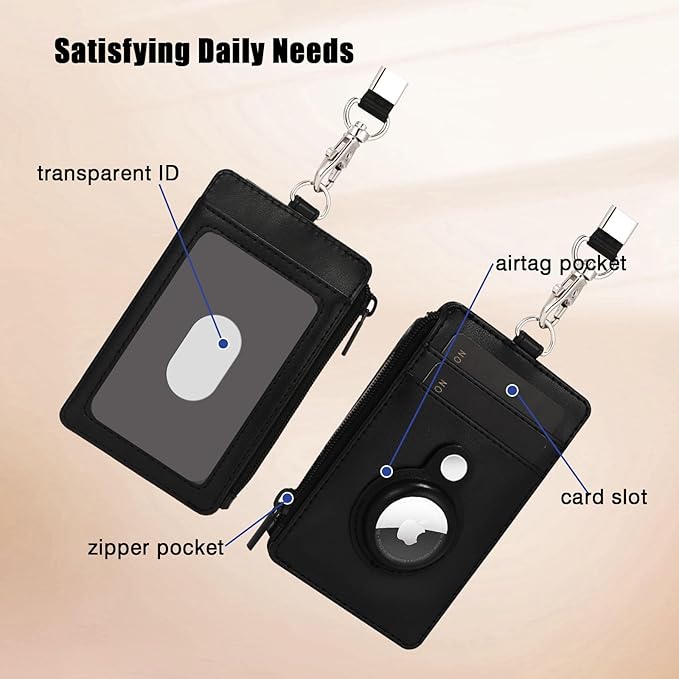 2-in-1 Airtag Badge Holder & Slim Minimalist Front Pocket Wallet, PU Leather ID Badge Card Holder with Zipper Pocket & 1 Clear ID Window & 2 Credit Card Slot & 1 Lanyard