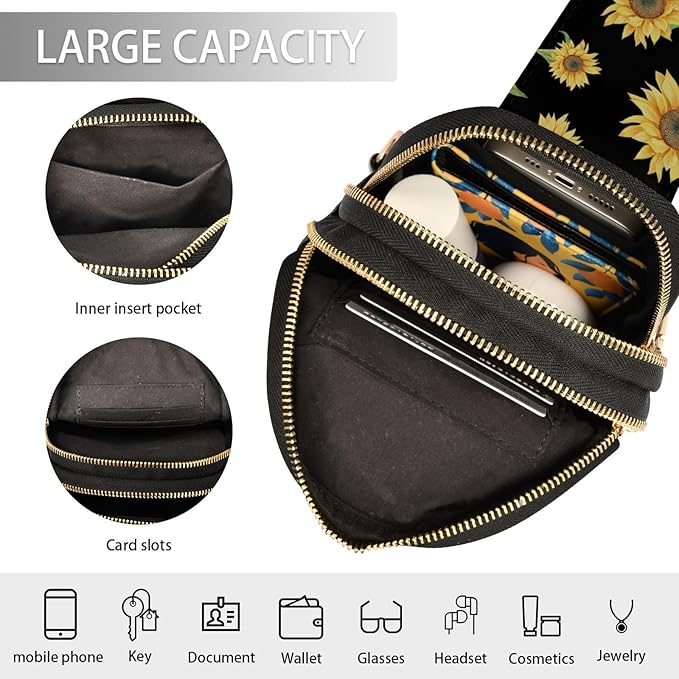 ZAZYXTJ Sunflower Crossbody Sling Bag for Women Leather Small Chest Bag Adjustable Straps Daypack for Travel Sport Hiking
