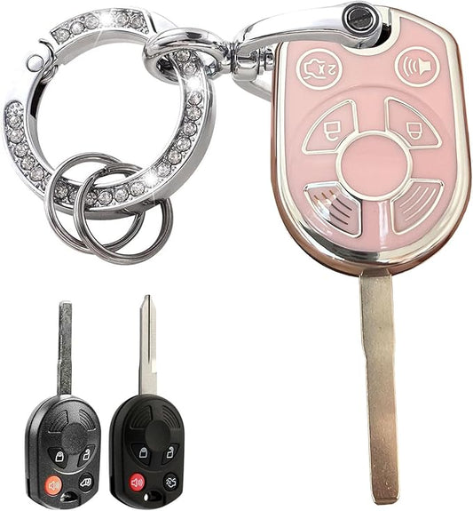 Keyless Entry Systems Key for Ford Key Fob Cover Shell with Keychain Fit for Ford Transit Mustang Fusion Lincoln Mercury Smart Key (4Buttons Silver-Pink)