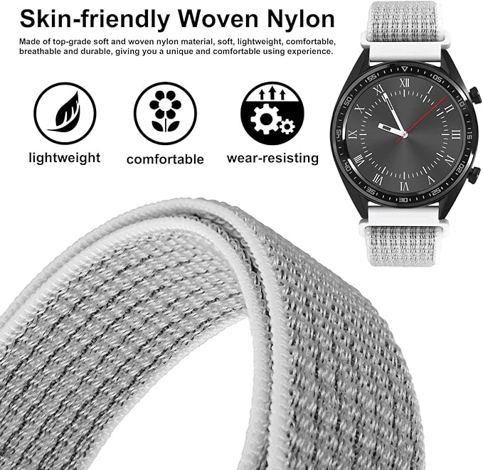 WOCCI 20mm Adjustable Nylon Watch Band, Quick Release Sport Loop Strap (White/Gray)