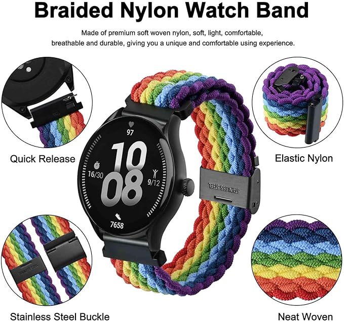 WOCCI 20mm Braided Nylon Watch Band for Men and Women, Quick Release, Black Stainless Steel Buckle (Multicolor)