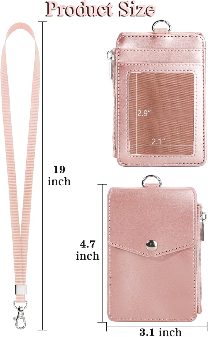 Teskyer Badge Holder with Side Zip Pocket, Multiple Card Slots Leather ID Holder Wallet with Neck Lanyard for Office Staffs, Teachers/Students, Couriers, Workers, Rose Gold