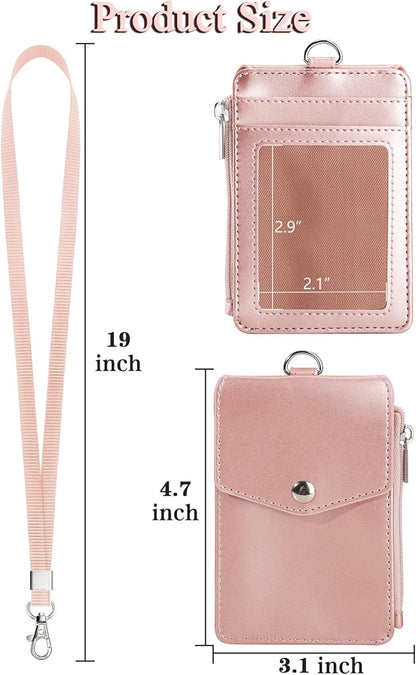 Teskyer Badge Holder with Side Zip Pocket, Multiple Card Slots Leather ID Holder Wallet with Neck Lanyard for Office Staffs, Teachers/Students, Couriers, Workers, Rose Gold