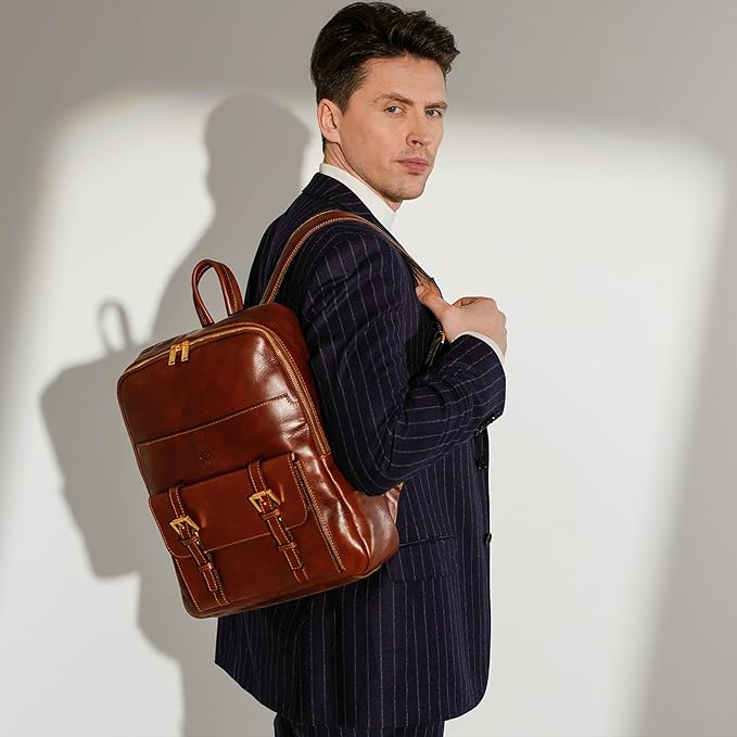 Time Resistance Leather Backpack for Men and Women - Laptop Bag up to 15” - Cognac Brown Business Rucksack