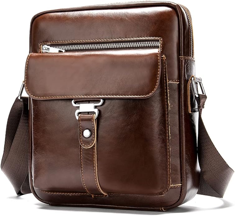 Hebetag Small Leather Sling Shoulder Bag Messenger Pack for Men Women Outdoor Travel Business