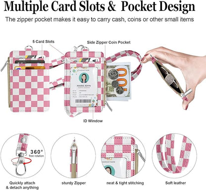 bolimoss ID Badge Holder with Lanyard Wallet for Women Cute Small Card Wallet with Removable Neck Lanyard Side Zipper Pocket Slim Pink Checkered Plaid Leather Credit Card Holder