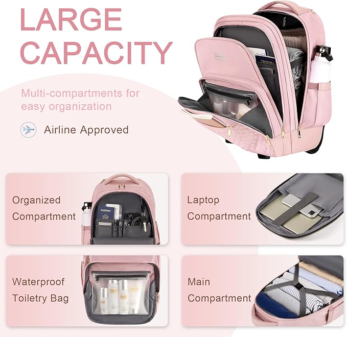 Arcoyard Rolling Backpack Carry On Luggage For Adults With Wheels, 40L Wheeled Backpack For Women, Travel Roller Backpack, Rolling Bag, Pink
