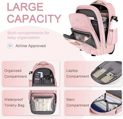 Arcoyard Rolling Backpack Carry On Luggage For Adults With Wheels, 40L Wheeled Backpack For Women, Travel Roller Backpack, Rolling Bag, Pink