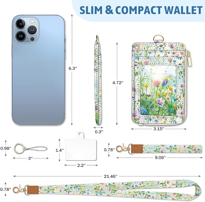 Piefly Flower Lanyard Wallet with ID Badge Holder, Small RFID Wallet Women Keychain Wristlet, Slim Credit Card Holder Case with Zipper Pocket Phone Lanyard Wrist Strap for Name Tag Office Teacher Gift