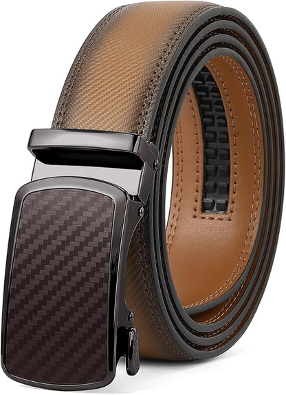 SENDEFN Leather Belt for Men Automatic Ratchet Buckle Slide Dress Casual Belts 1 3/8'' Wide Adjustable Trim to Fit(Black-20)