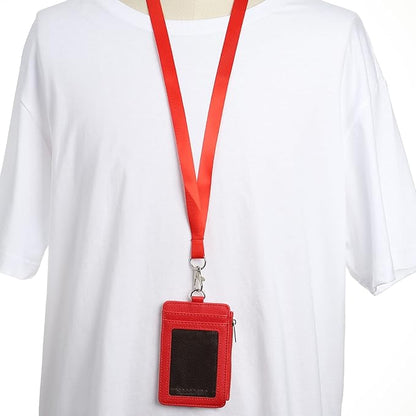 MECCANIXITY ID Badge Holders with Lanyard, Vertical PU Leather 5 Card Slots Zipper Portable Wallet Clear Window for Office, Red