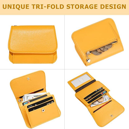 Women Small Wallet RFID Blocking Slim Wallet with Coin Pocket Tri-Fold Credit Card Holder with ID Window and Keychain(Light Yellow)