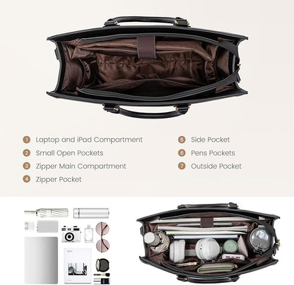 LOVEVOOK Laptop Tote Bag for Women, 15.6 Inch Work Bags, Vintage Leather Tote Bag, Waterproof Computer Bags with Clutch Purse, Large Capacity Messenger Bag for Teacher College Business Office