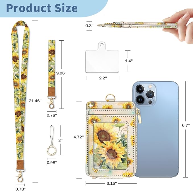 Lanyard Wallet with Id Badge Holder, Sunflower RFID Small Keychain Wallet Women Wristlet, Cute Zipper Credit Card Holder Phone Wrist Neck Strap for Key Name Tag, Teacher Student Office Gifts
