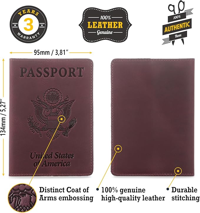 Shvigel US Leather Passport Book Cover - Thin American Travel Passport Holder - Premium International USA Passport Protector Case for Women Men (Maroon Vintage)