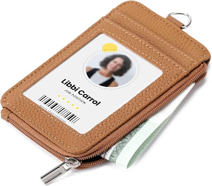 Badge Holder – Genuine Leather ID Badge Holder with Zipper Pocket and Nylon Lanyard – Perfect for Badges, Cards, and More