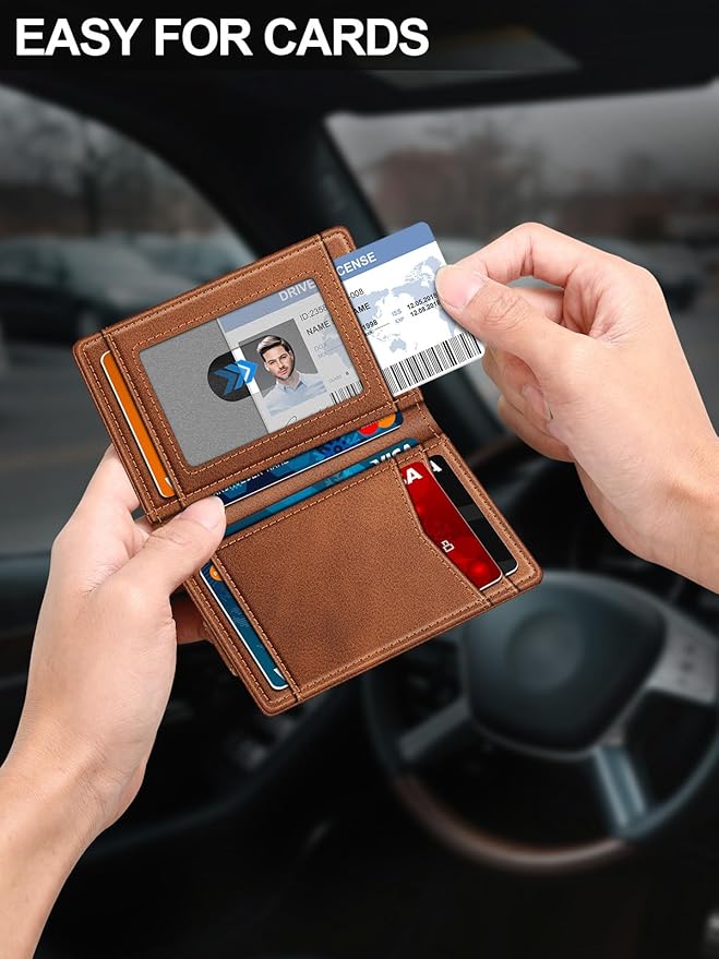 ZALVEX Wallet for Men Slim Leather Wallets for 12-15 Cards, Minimalist Thin RFID Blocking Card Holder with Money Clip & ID Window, Small Bifold Front Pocket Wallet, Gifts for Men
