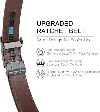 SENDEFN Men's Leather Belt Automatic Ratchet Buckle Slide Belt for Dress Casual Trim to Fit with Gift Box